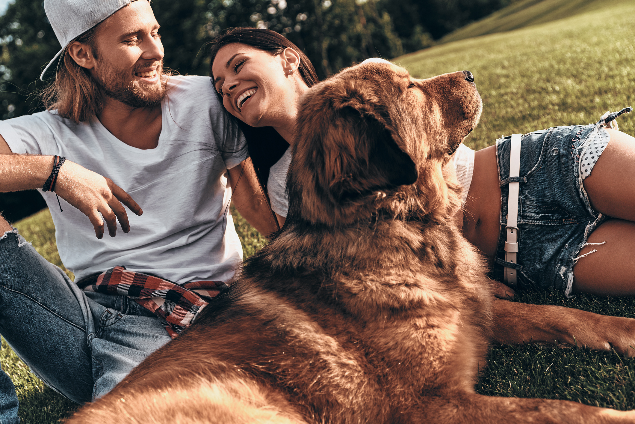 Young modern couple lying on the grass with their dog while spending free time in the park